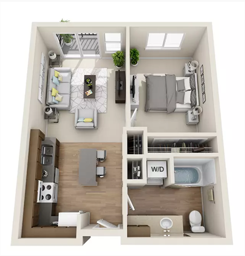 Floor plan for 1 bed, 1 bath, 612 sqft